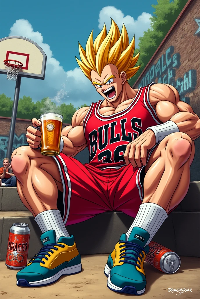 Vegeta wearing Chicago Bulls shorts and a Chicago Bulls jersey drinking beer