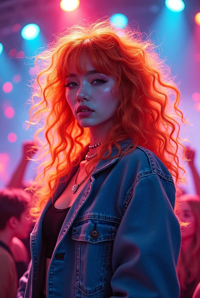 a kpop idol with orange curly hair, with fringes