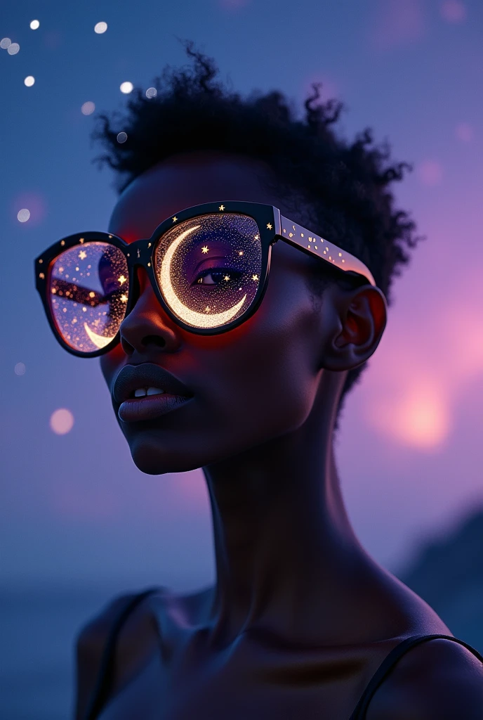 The model is wearing glass sunglasses with stars and the moon on the glass