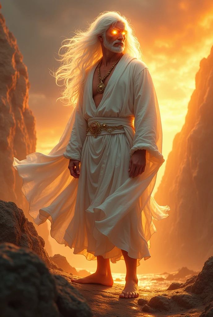 (photorealism:1.2),white hair on his head, eyes like a flame of fire, his feet like burnished bronze, white robe