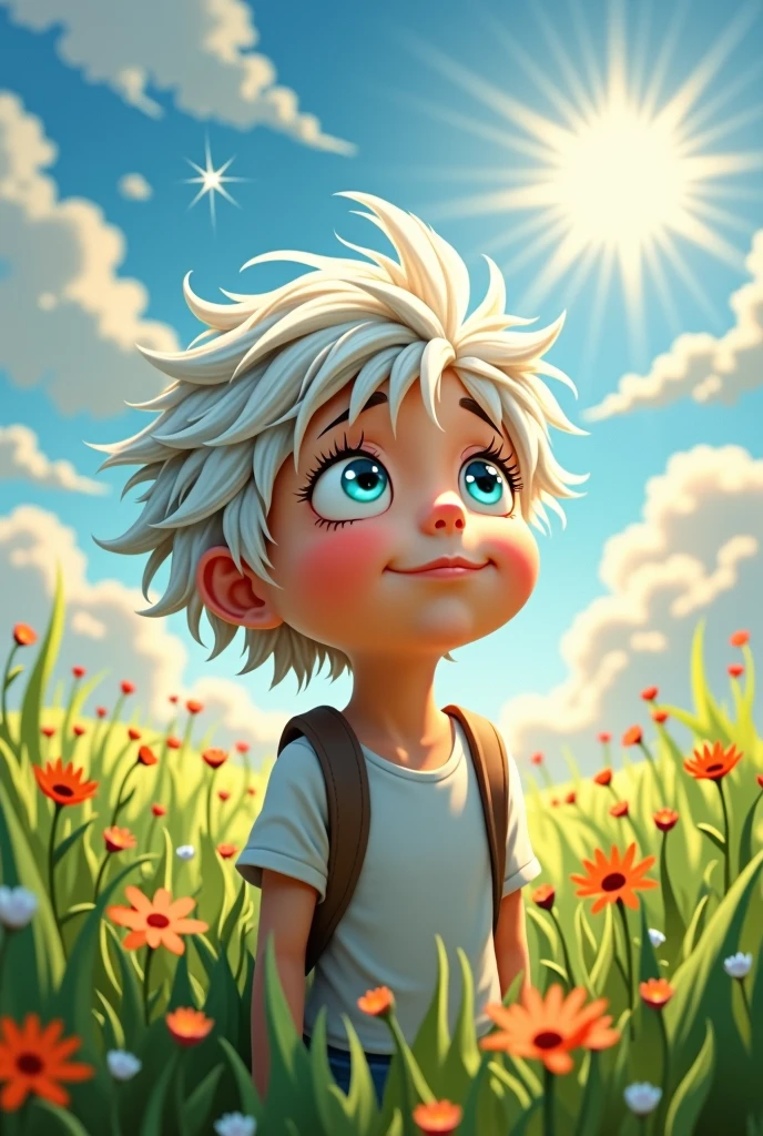 A boy with white hair looking at the sky