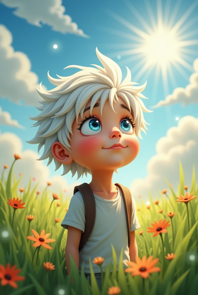 A boy with white hair looking at the sky