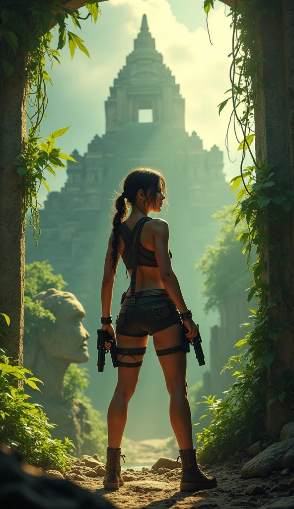 Create an action-packed, cinematic scene featuring a female adventurer resembling Lara Croft, dressed in her iconic outfit with dual pistols and a confident, determined expression. She should be standing in a dynamic pose, possibly in a jungle or ancient ruins setting, ready for her next adventure. The background should have rich, vibrant colors, with elements like vines, ancient statues, or a mysterious temple in the distance. Above the scene, incorporate a bold, clear title that reads 'Laure-Alice est Lara Croft' in a stylized, adventurous font that fits the theme. Ensure the title is prominently displayed and easy to read, blending well with the overall aesthetic of the image. The lighting should be dramatic, with highlights that emphasize the character's strength and bravery.