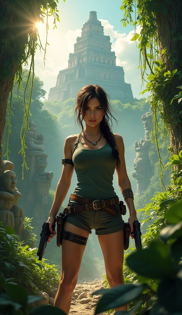 Create an action-packed, cinematic scene featuring a female adventurer resembling Lara Croft, dressed in her iconic outfit with dual pistols and a confident, determined expression. She should be standing in a dynamic pose, possibly in a jungle or ancient ruins setting, ready for her next adventure. The background should have rich, vibrant colors, with elements like vines, ancient statues, or a mysterious temple in the distance. Above the scene, incorporate a bold, clear title that reads 'Laure-Alice est Lara Croft' in a stylized, adventurous font that fits the theme. Ensure the title is prominently displayed and easy to read, blending well with the overall aesthetic of the image. The lighting should be dramatic, with highlights that emphasize the character's strength and bravery.