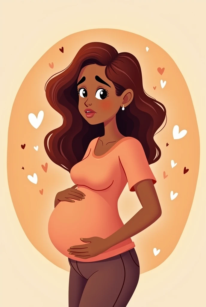 My banner is about high-risk pregnancy, in brown colors, dark red and light orange. Create a cartoon image in a centered way as it will be inserted into a circle: Pregnant woman with early release of fluid
