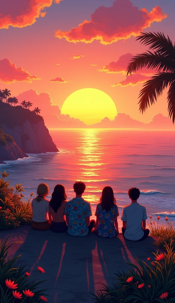 a group of people sitting on a cliff watching the sun set, watching the sun set. anime, beautiful anime scene, studio ghibli sunlight, anime beautiful peace scene, beautiful anime scenery, ( ( makoto shinkai ) ), makoto shinkai cyril rolando retro sunglasses, Hawaii, gta vice style , illustration , reteo comic illustration