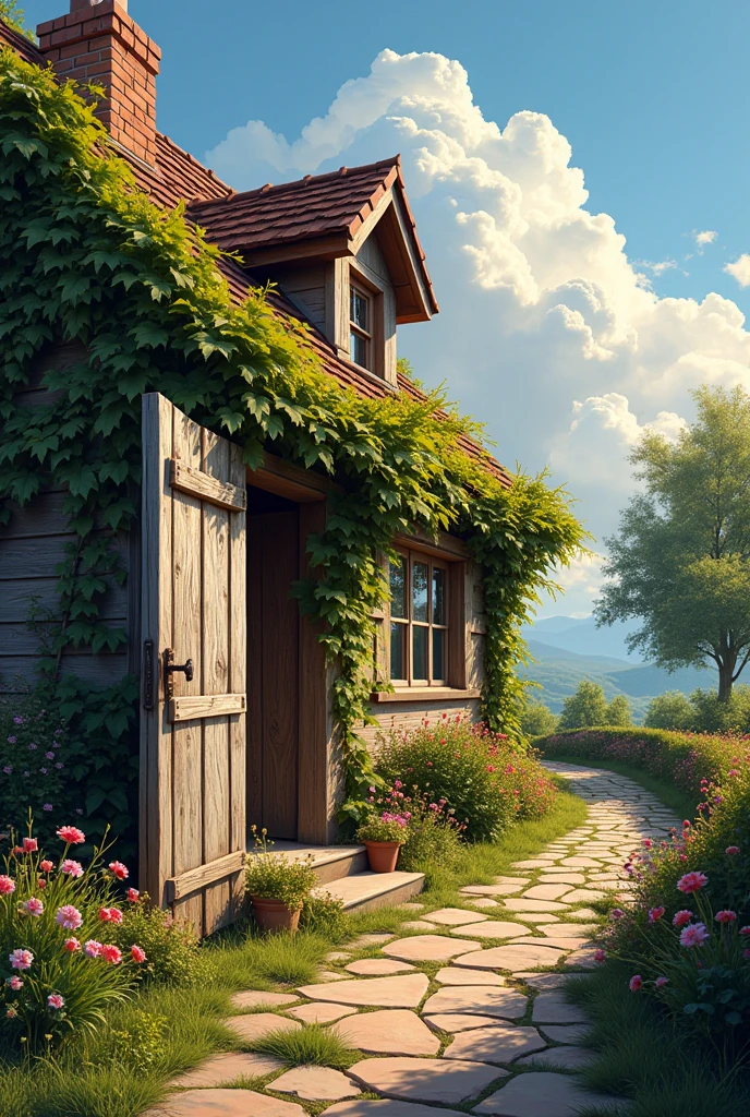 An open wooden door with a house in the background. On a bright cloud with a bright environment around