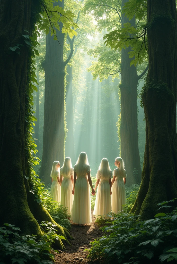Une scène dans une forêt dense et mystique, avec des arbres imposants et une lumière douce filtrant à travers les feuilles. Au milieu de la forêt, plusieurs visages d’albinos femmes et hommes (minimum: 5) apparaissent entre les arbres, avec des regards sereins et des expressions paisibles. Les visages sont légèrement illuminés, contrastant avec l’ombre de la forêt, créant une ambiance à la fois mystique et apaisante.