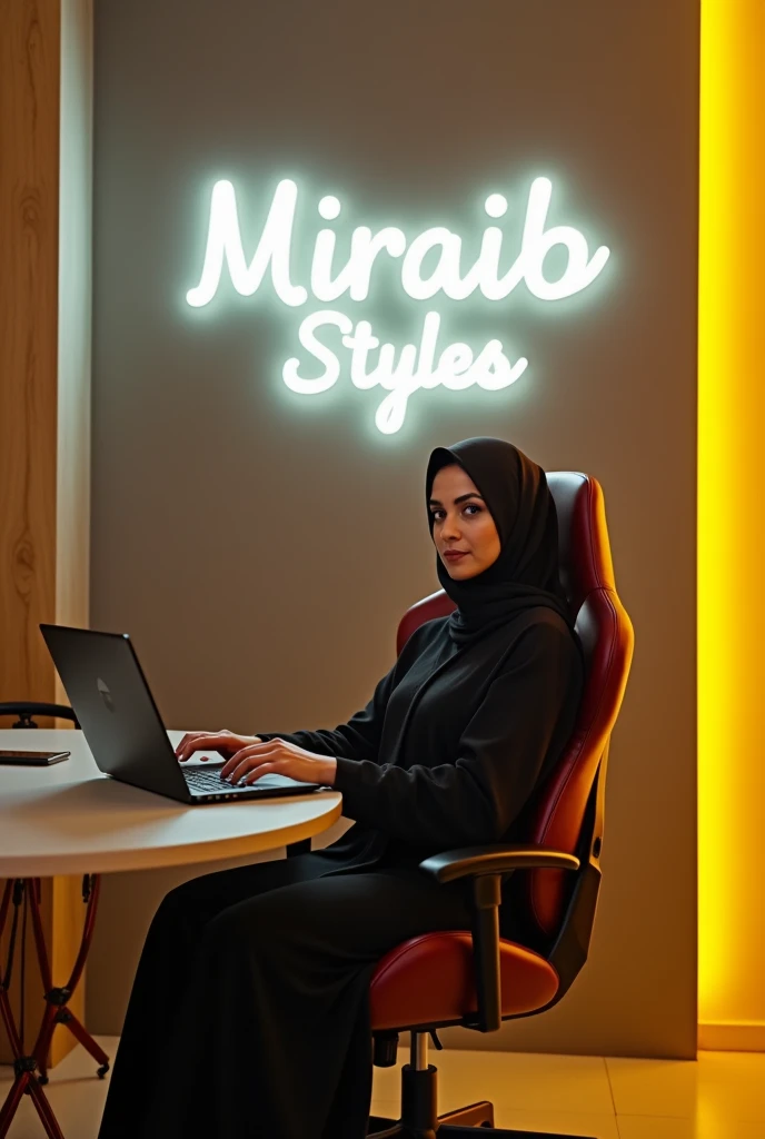An Islamic women sitting in gaming chair wearing islamic dress and face is front side eye contact with front Audience in front table leptop and Mobile and "miraib Styles" stand Yellow neown lighting room background in gray wall writing "Miraib Styles" White colour Yellow neown glow