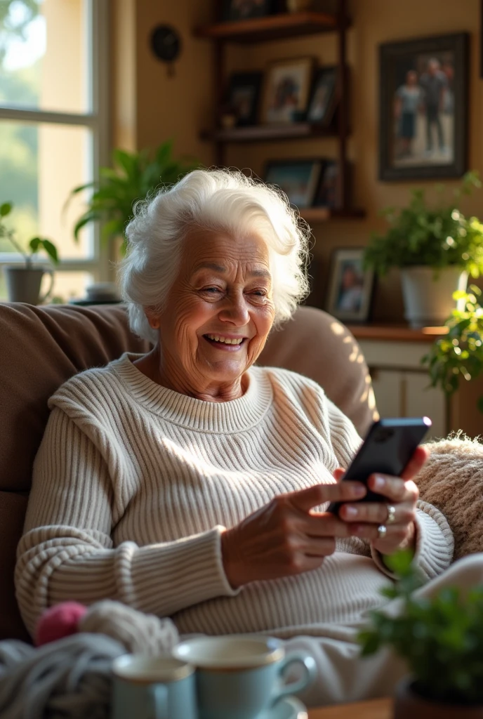 A grandmother with a smartphone, smiling while purchasing something with Bitcoin.