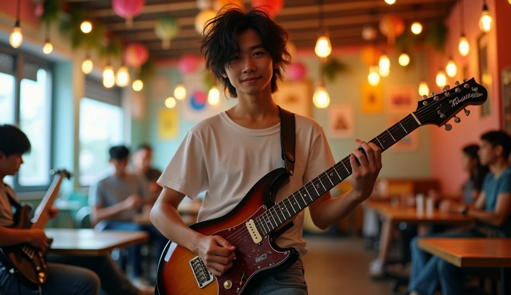 8k, highest quality, ultra details, Tobias Bjorgsha, , handsome asian age, white t-shirt, ripped jeans and running shoes, messy neat black hair, playing electric guitar,he is looking forward to camera, playing guitar at cafe  with his band. carefree expression