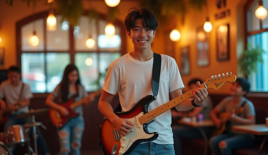 8k, highest quality, ultra details, Tobias Bjorgsha, , handsome asian age, white t-shirt, ripped jeans and running shoes, messy neat black hair, playing electric guitar,he is looking forward to camera, playing guitar at cafe with his band. carefree expression