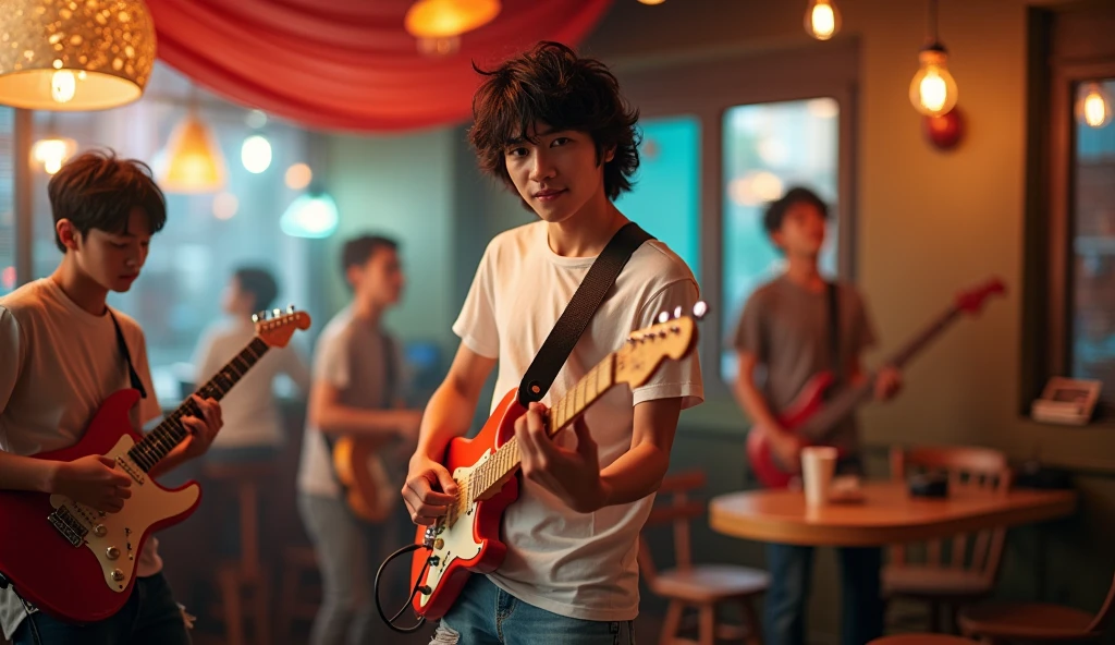 8k, highest quality, ultra details, Tobias Bjorgsha, , handsome asian teenage, white t-shirt, ripped jeans and running shoes, messy neat black hair, playing electric guitar,he is looking forward to camera, playing guitar at cafe with his band. carefree expression