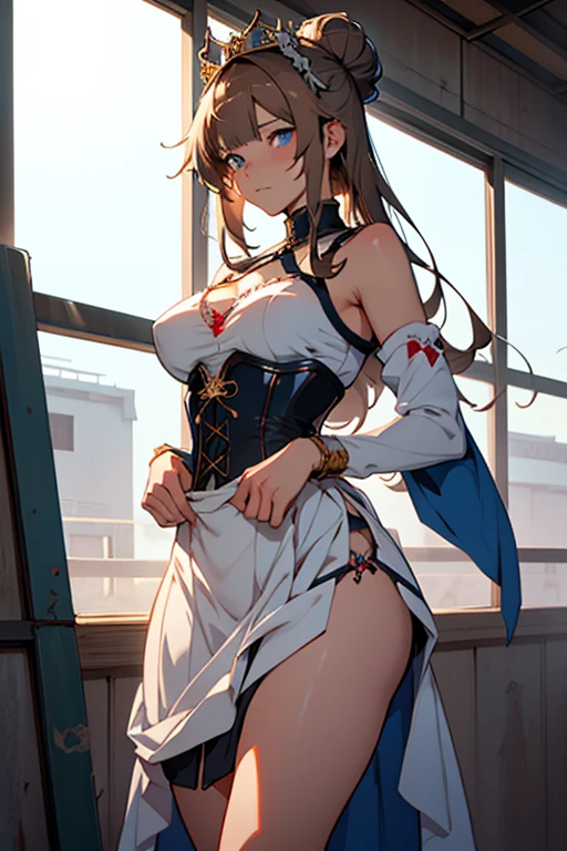 anime girl, princess with a crown on her head, in a prison, in a jail, (tied up: 1.2), expresso brown hair, bangs, bun, blue eyes, cute anime waifu , artwork in the style of guweiz, guweiz, seductive anime girl, female anime character, female protagonist, beautiful anime girl, anime girl, beautiful anime girl, cute anime waifu, artwork in the style of guweiz, seductive anime girl, female anime character, corset,
white dirty long skirt, big boobs, (slim body: 1.2), slim hips,