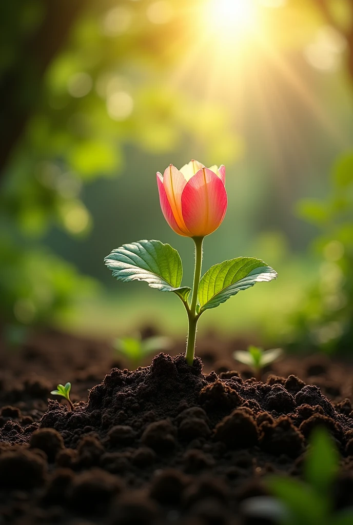 "A small seed sprouting into a beautiful flower, with a watching patiently, surrounded by soft, warm light and the gentle growth of nature."
