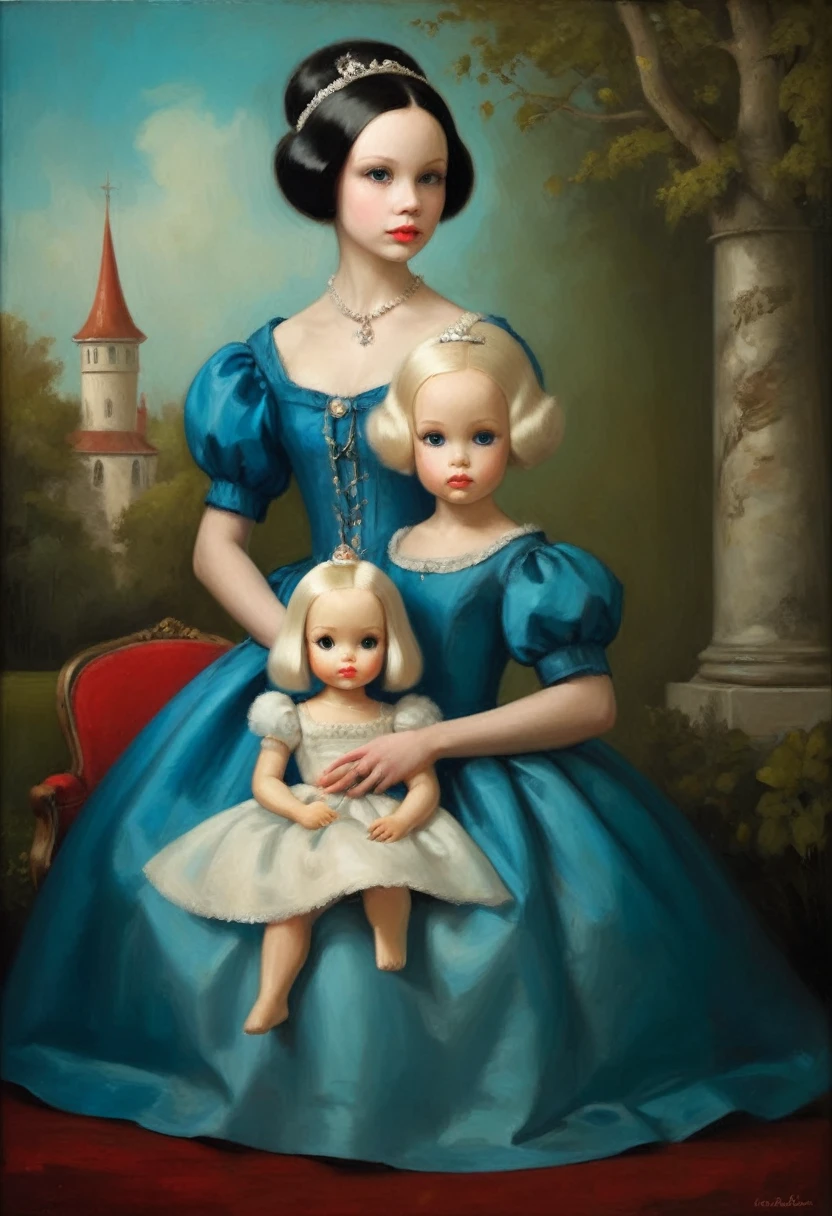A mesmerizing Tim Burton-style painting of a mother and her daughter. The composition depicts a unique juxtaposition of mother's love, gift and devotion.