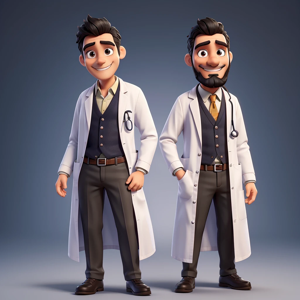 Hello, Por favor, create a doctor character with a light and happy design, wearing a lab coat and with a stethoscope around his neck, He must have black hair and a short black beard., Por favor faça ele em diversas poses, Like for example: Grinning, IN DOUBT, introducing yourself