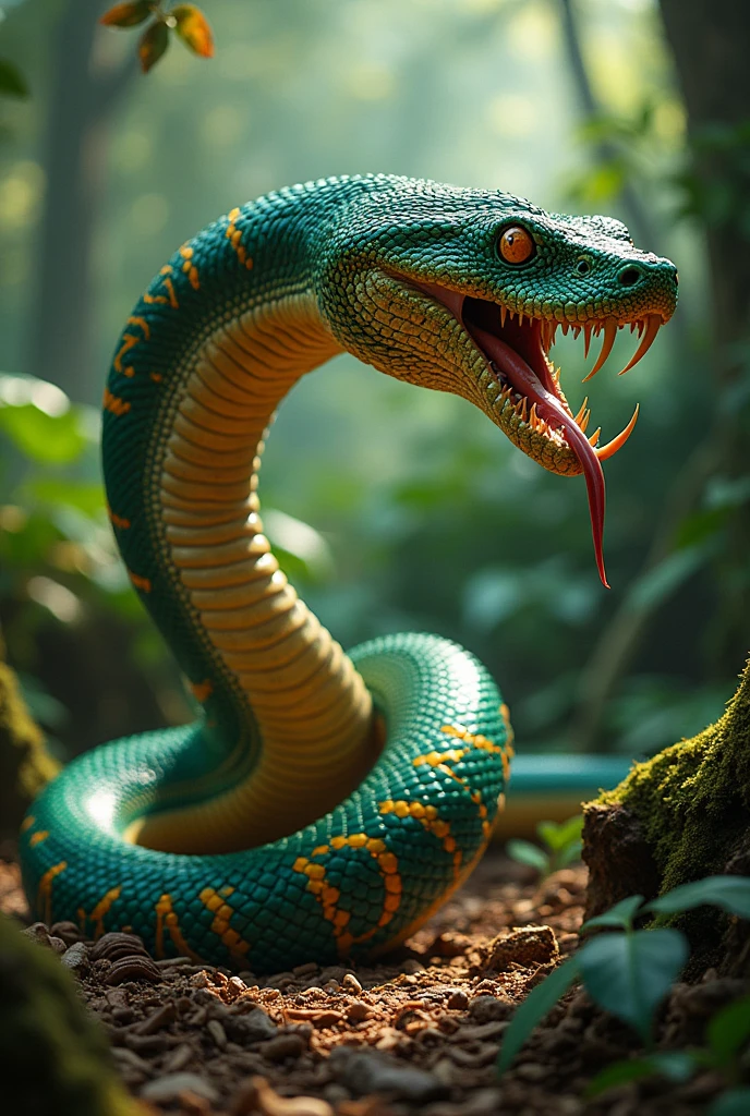 The length of the snake is 5 meters, it has long teeth, and the name Madina is written on its skin.