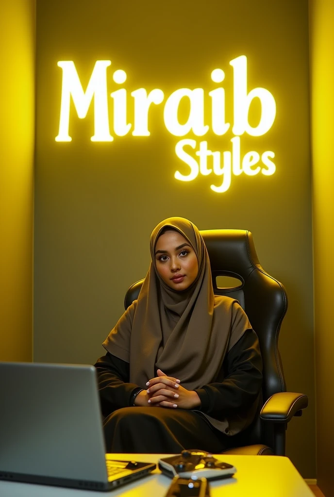 An Islamic women sitting in gaming chair wearing islamic dress and face is front side eye contact with front Audience in front table leptop and Mobile and "miraib Styles" stand Yellow neown lighting room background in gray wall writing "Miraib Styles" White colour Yellow neown glow