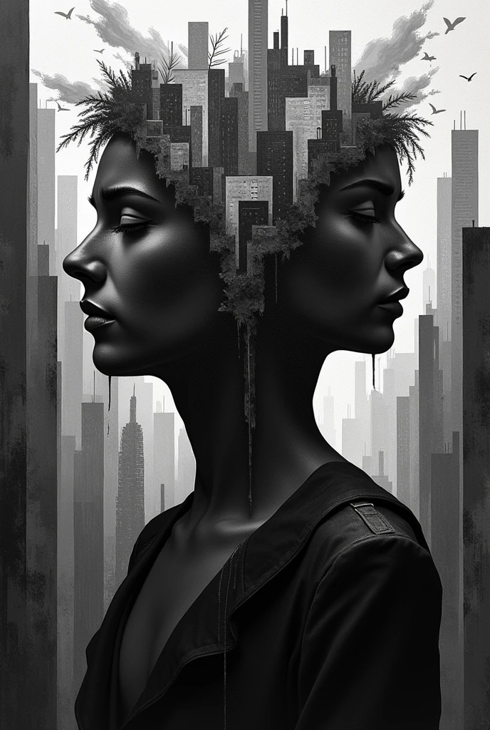 Create different images using the cubism technique with black and gray colors on mental disorders,love,the happiness,the Depression