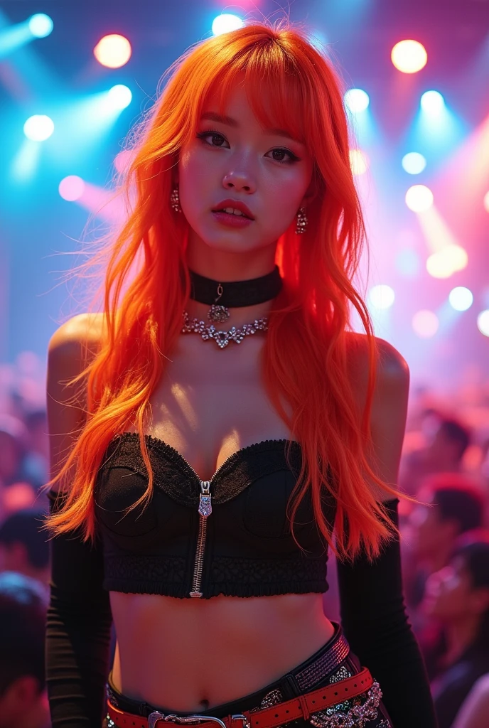 a kpop idol with orange hair and bangs