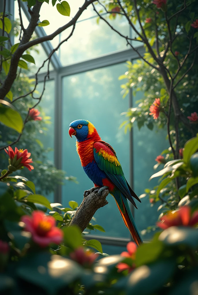 Bird in a very big cage of glass