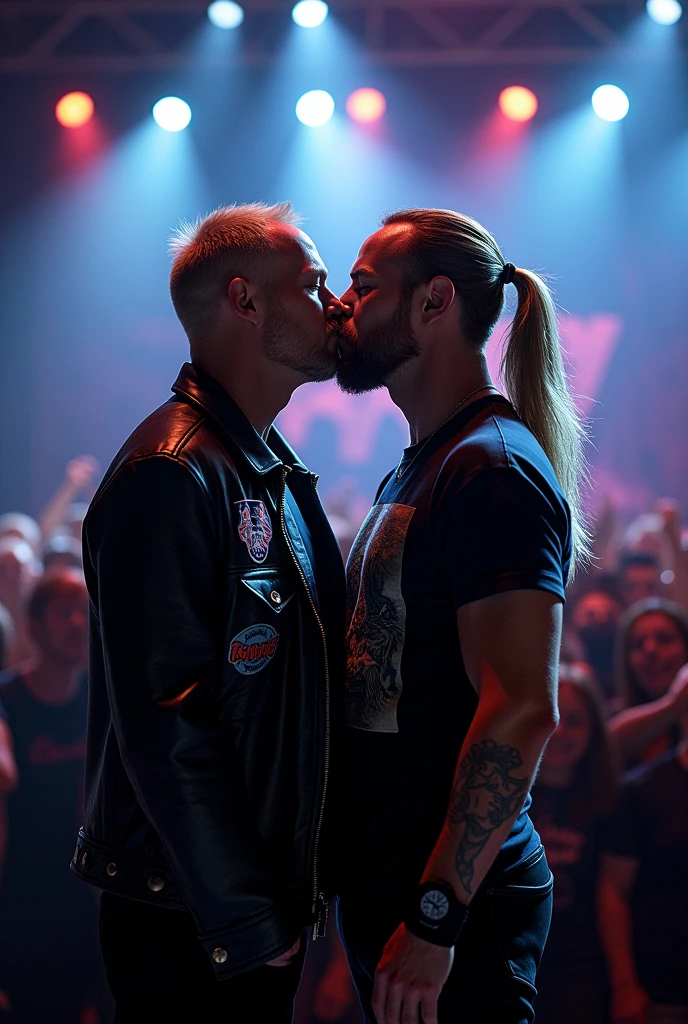 (photorealism) Lars Ulrich and James Hetfield kissing