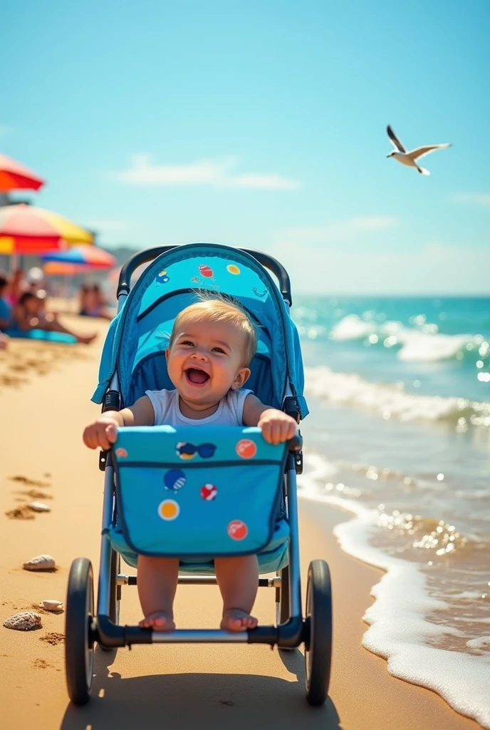 Baby with stroller on the beach