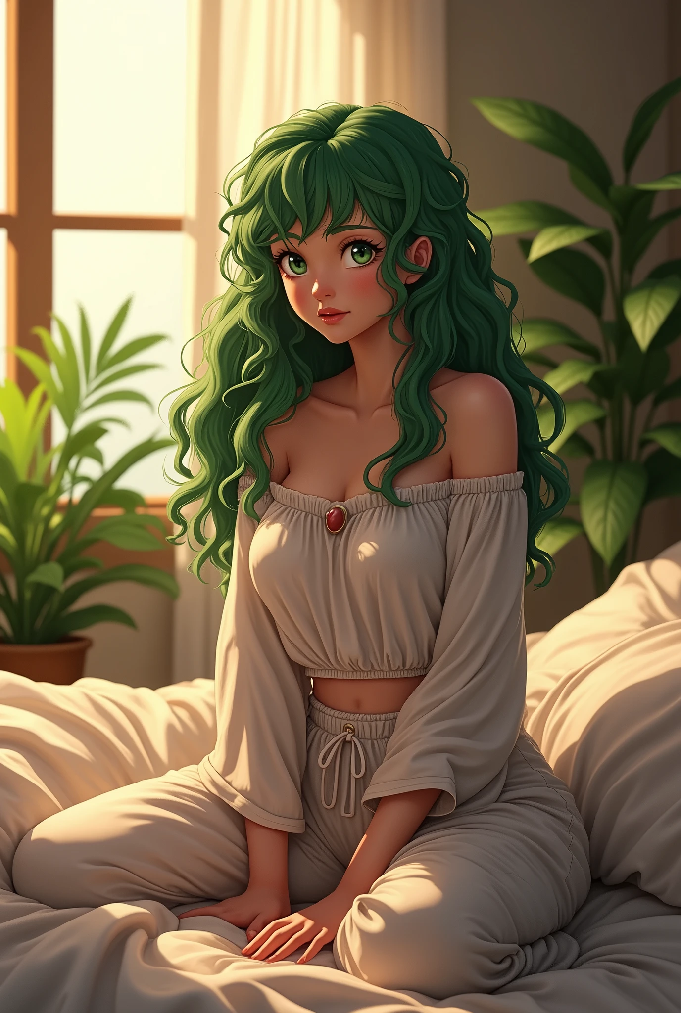 beautiful bulma, sitting on bed, wearing loose off-shoulder top, pajama pants, long curly hair, indoors, soft lighting, plants in background, window with sunlight, cozy room, relaxed pose, realistic, intricate details, warm colors