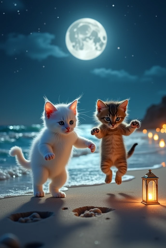 A white kitten dancing with a brown kitten at night on the beach
