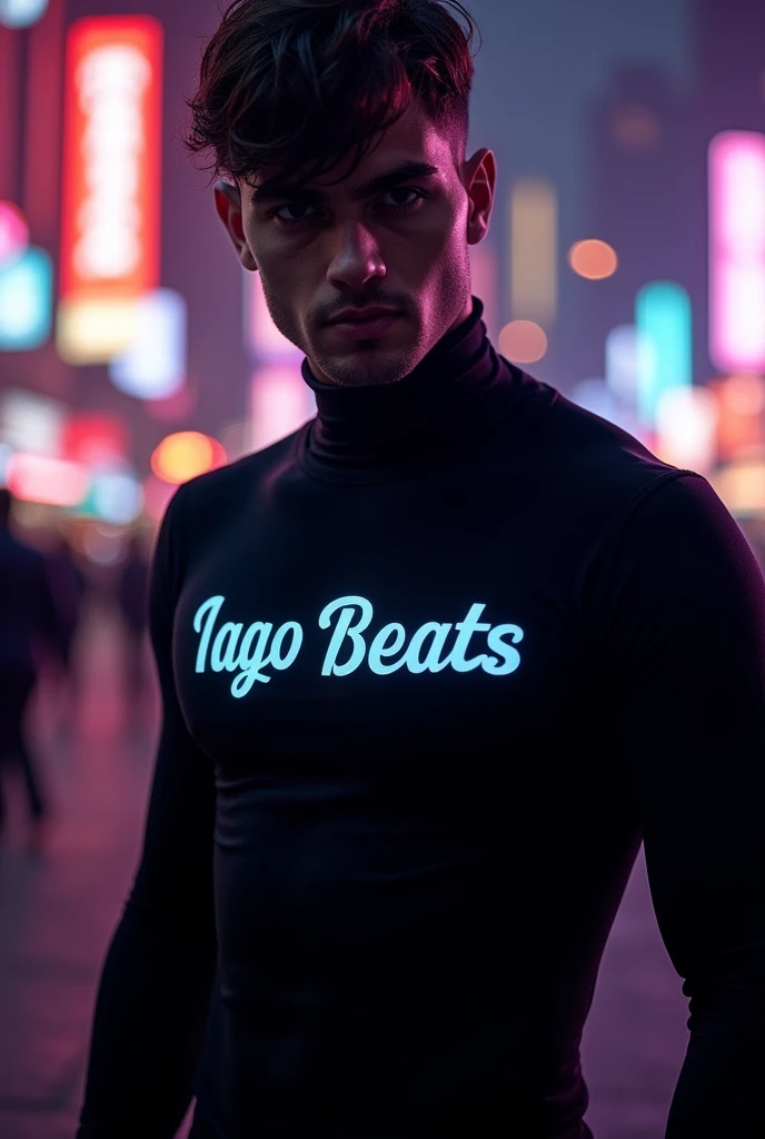 man dressed in black, with a blurred background and a text on the chest called : IagoBeats