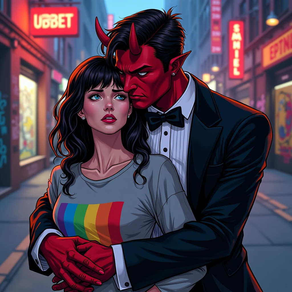 marvel art style, a 20-year-old male red-skin-tone devil with dark fadeout hair and glasses, wearing tight tuxedo , masculine bulge, he's squatting down behind a sad female wearing lgbt shirt. he's behind her. huggin. He's squatting down behind her
