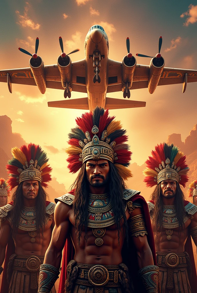 Aztec warriors, In the background, a fighter plane with Aztec empire features, and the legend written Aztec legion squadron