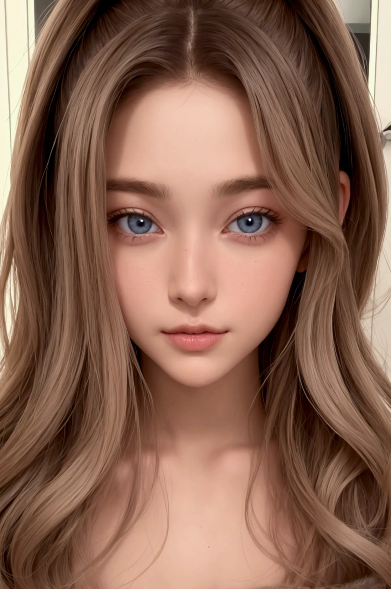 fille qui a un visage fin des cheveux bruns un balayage et qui est devant son mirroir avec des petits seins