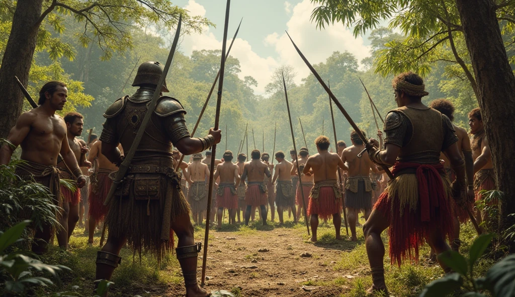 16th century colonizers exploiting and repressing indigenous peoples of the Amazon. the colonizers using swords and armor. The Indians using lances 