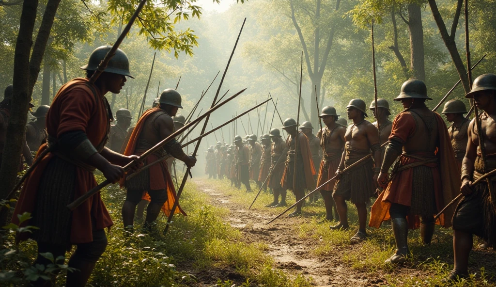 16th century colonizers exploiting and repressing indigenous peoples of the Amazon. the colonizers using swords and armor. The Indians using lances 