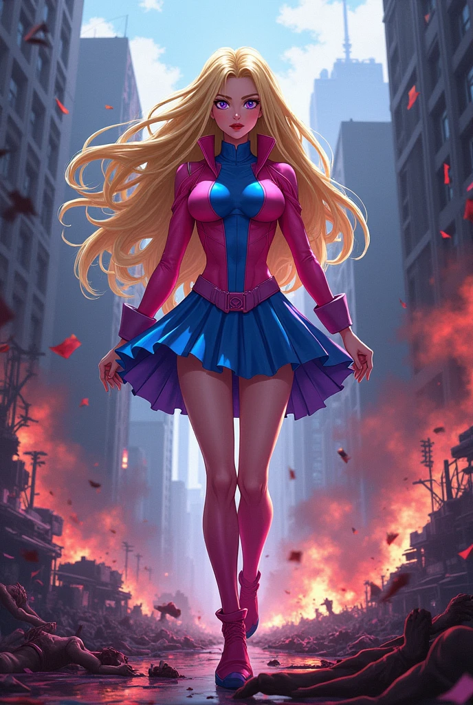 Gorgeous and alluring Blonde haired, violet eyed supervillain wearing a skintight pink and blue costume with a skirt. She is using her mental powers to kill people. A sinister smile across her thin red lips. Death and destruction everywhere. The people are panicking and trying to escape. Blood, death, dead men, destruction. Anime style