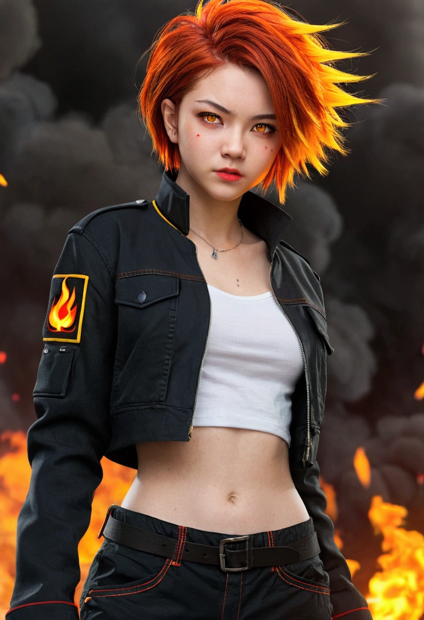 solo, 1girl, (masterpiece), (( appearance)), fire hair, short hair, ahoje, spiky hair, small breasts, yellow eyes, ((detailed eyes)), (strong body), (simple black cropped), Black jacket with red details, Looking at the screen, orange lipstick, (blurry background), flame effec, visible stomach, oversized black cargo pants, navel, (collarbone)