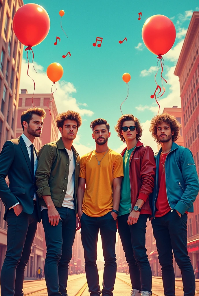 Create a music album cover mixing the group One Direction and the band Twenty One Pilots, with the title "Twenty One Direction's".. The cover must contain elements that refer to both groups 