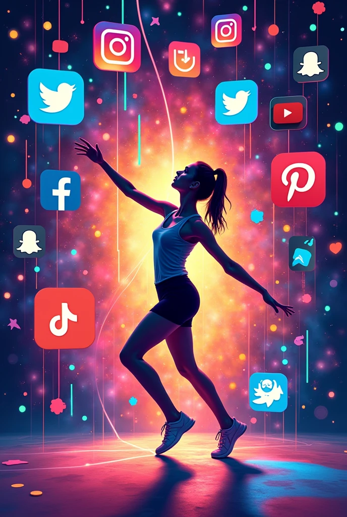 Poster about the impact of social media on dance with symbols from social networks tiktok, instagramart, Facebook, whatsapp, Twitter and Snaptub