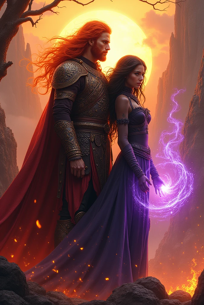 Prince of Fire Hero, young and red-haired with his army and with a black-haired sorceress with dark skin and violet eyes.