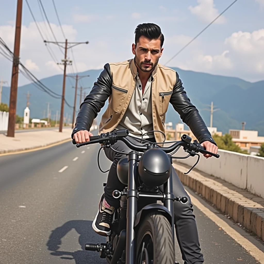 imagine a handsome man with thick white skin, slicked black hair, wearing a black leather jacket, white blouse, black pants and sneakers, with very black eyes, mounted on a motorcycle,average with a darker tone.