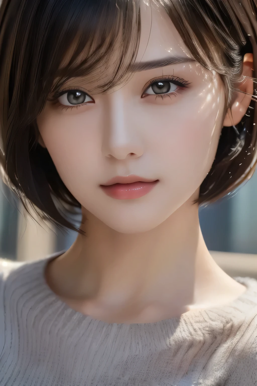 (masterpiece:1.3), (8k, Realistic, RAW Photos, Highest quality: 1.4), (One person), Beautiful Face, (Realistic Face), (Black Hair, short hair:1.3), Beautiful hairstyle, Realistic eyes, Beautiful attention to detail, (Realistic Skin), Beautiful Skin, (sweater), Absurd, Charm, Ultra-high resolution, Ultra-realistic, Very detailed, Golden Ratio