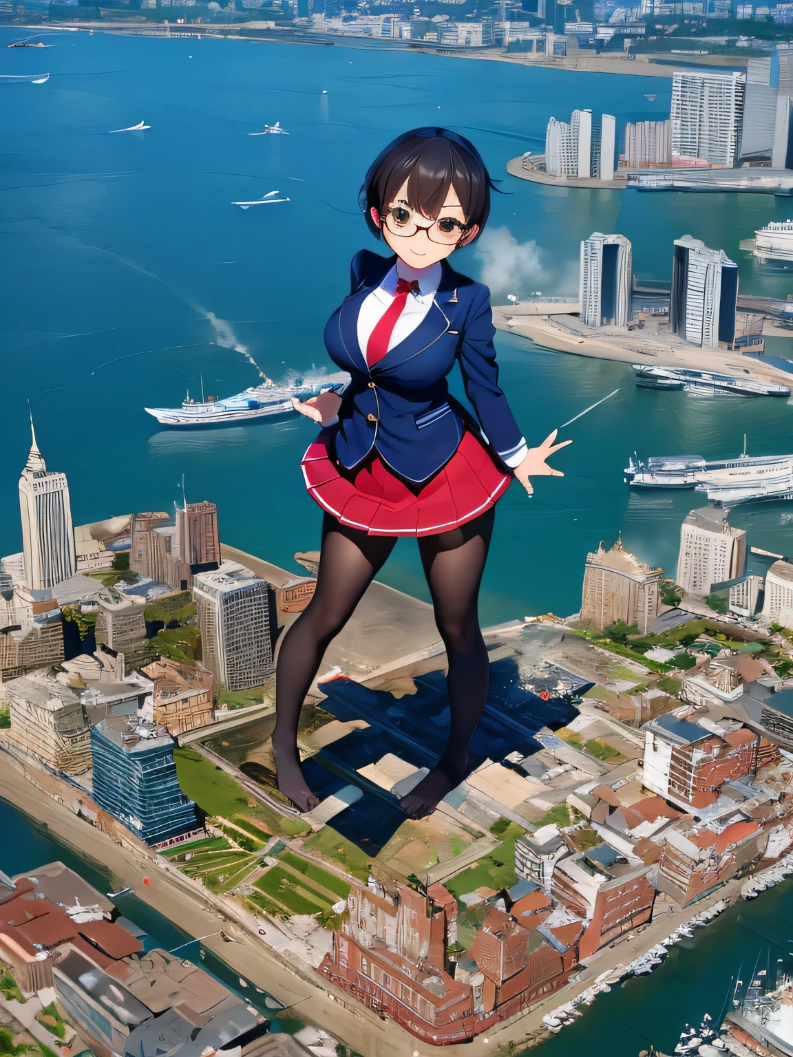 multiple girls, 3girls, standing, giantess art, highly detailed giantess shots, giantess, most detailed, perfect face, Two legs, Five fingers, short hair, A high school girl who is bigger than a skyscraper, Wearing rimless glasses, smile, huge breasts, Navy blazer, Red tie, mini skirt, black pantyhose, no shoes on, toes visible through pantyhose, Steam coming out from the soles of my feet, seaside metropolis, numerous miniature warships on the sea, Destroying cities, Under heavy attack, A very small big city, Miniature metropolis, Full body description, GTS, giga giantess, stomping city, crash city, tiny city, micro city, pantyhose feet, High resolution, highest quality, masterpiece, 