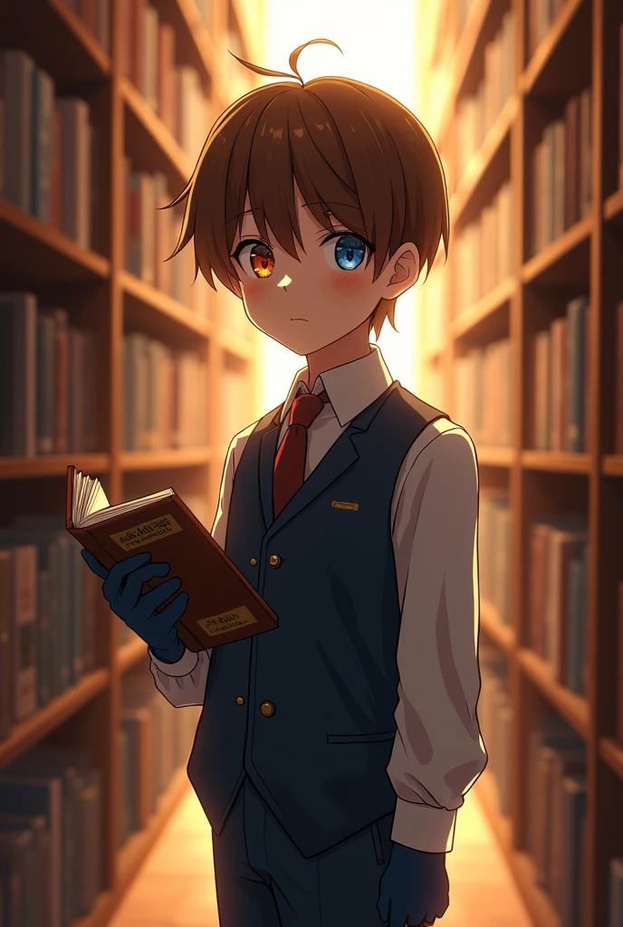 , like 9 yearsaight brown hair and different colored eyes, one orange red and the other blue, He wears elegant but modest clothes, and also wears navy blue gloves, The boy is in a library hallway, In his right hand he holds a book about animals. anime style.