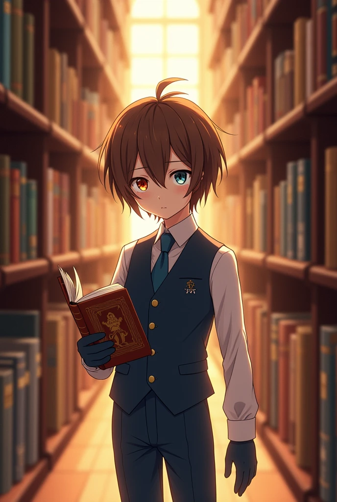 , like 9 yearsaight brown hair and different colored eyes, one orange red and the other blue, He wears elegant but modest clothes, and also wears navy blue gloves, The boy is in a library hallway, In his right hand he holds a book about animals. anime style.