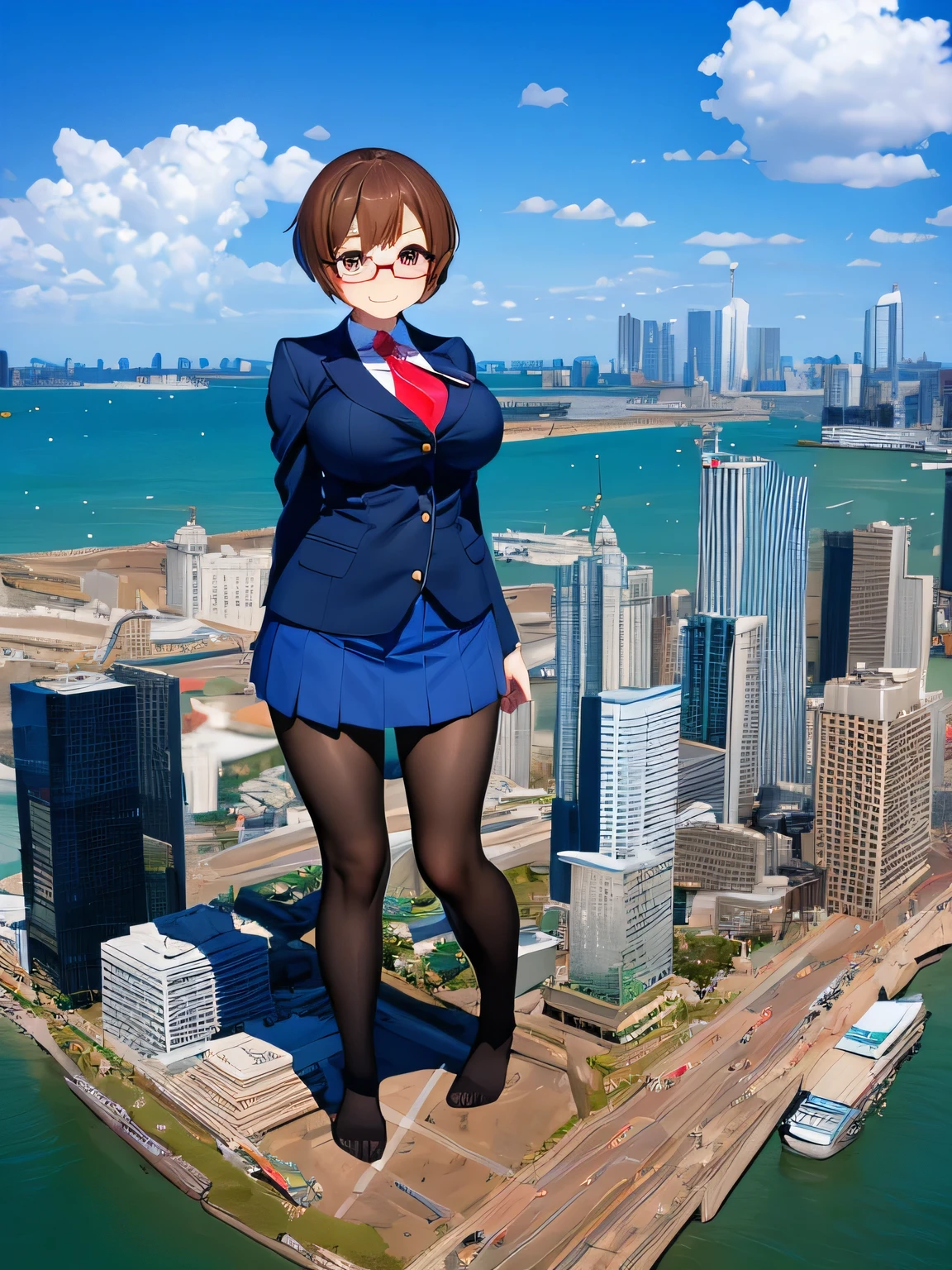 multiple girls, 3girls, standing, giantess art, highly detailed giantess shots, giantess, most detailed, perfect face, Two legs, Five fingers, short hair, A high school girl who is bigger than a skyscraper, Wearing rimless glasses, smile, huge breasts, Navy blazer, Red tie, mini skirt, black pantyhose, no shoes on, toes visible through pantyhose, Steam coming out from the soles of my feet, seaside metropolis, numerous miniature warships on the sea, Destroying cities, Under heavy attack, A very small big city, Miniature metropolis, Full body description, GTS, giga giantess, stomping city, crash city, tiny city, micro city, pantyhose feet, High resolution, highest quality, masterpiece, 