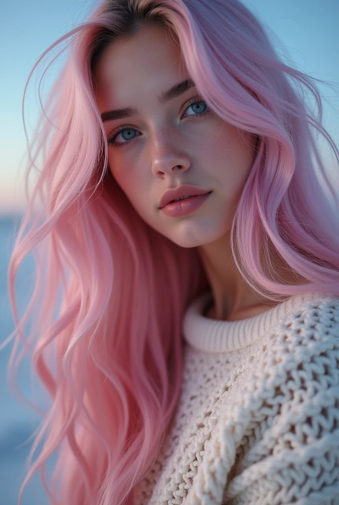 Une fille adulte aux cheveu rose et long avec un pull blanc à long poil doux zommet sur sa tête près a t'embrasser tout près de l'image avec des yeux bleus en spirale hypnotique en train d'essayer de m'hypnotisé