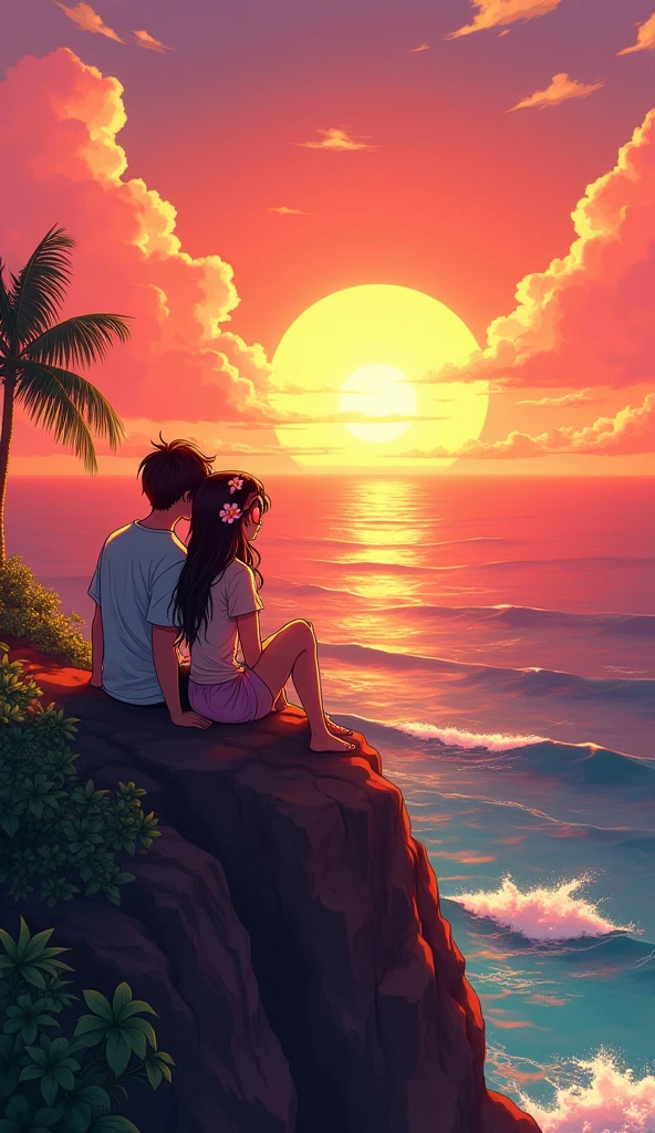 a couple sitting on a cliff watching the sun set, watching the sun set. anime, beautiful anime scene, studio ghibli sunlight, anime beautiful peace scene, beautiful anime scenery, ( ( makoto shinkai ) ), makoto shinkai cyril rolando retro sunglasses, Hawaii, gta vice style , illustration , reteo comic illustration