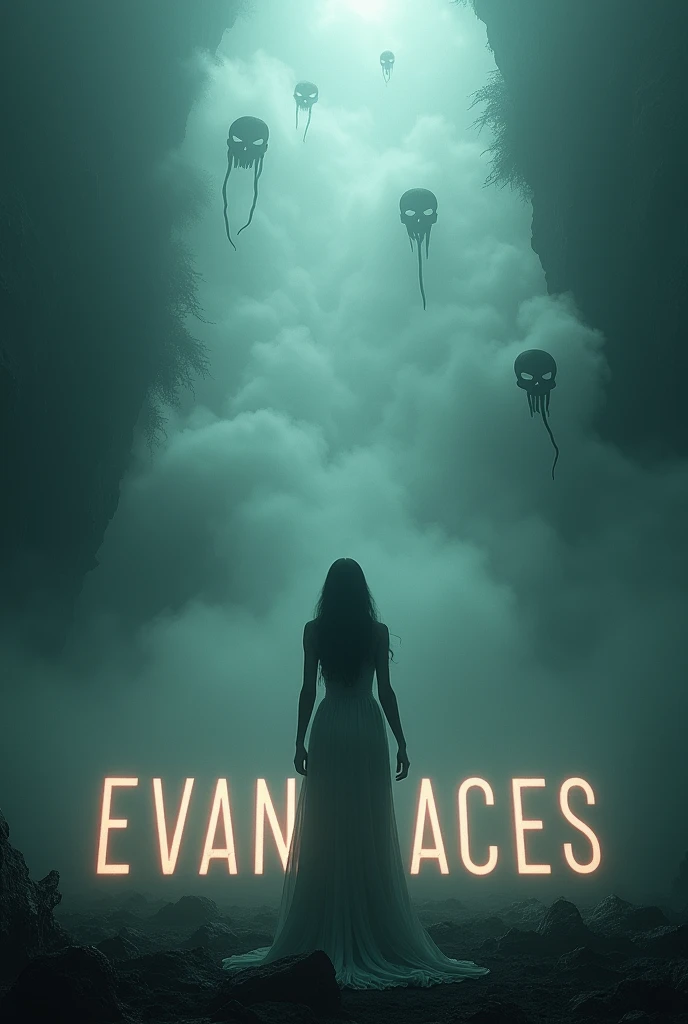 The words "Evans Aces" written in large letters at the bottom of the screen, Mysterious Fog, Symbols of death appearing from the mist, reaching out to grab you, an ominous atmosphere, a production that stirs up anxiety and fear, ((masterpiece, highest quality, Highest image quality, High resolution, photorealistic, Raw photo, 8K)), ((Extremely detailed CG unified 8k wallpaper)), (huge stunning goddess shot, very hot and sexy, jaw-dropping beauty, perfect proportions, beautiful body, slim body beauty:1.4),